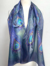 Load image into Gallery viewer, Peacock Feathers Design Long Scarf : Hand Painted Silk in Blues Navy Green Copper by Designer Silk Artist