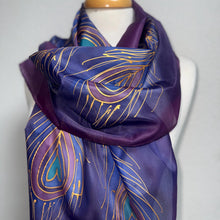 Load image into Gallery viewer, Peacock Feathers Design Long Scarf : Hand Painted Silk in Purple Navy Gold by Designer Silk Artist