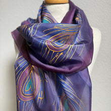 Load image into Gallery viewer, Peacock Feathers Design Long Scarf : Hand Painted Silk in Purple Navy Gold by Designer Silk Artist