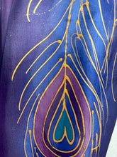 Load image into Gallery viewer, Peacock Feathers Design Long Scarf : Hand Painted Silk in Purple Navy Gold by Designer Silk Artist