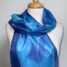 Load image into Gallery viewer, Flames Design Hand Painted Silk Neck Scarf in Cobalt Navy Blue Silver by Designer Silk Artist