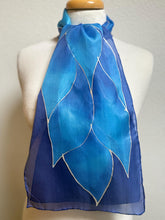 Load image into Gallery viewer, Flames Design Hand Painted Silk Neck Scarf in Cobalt Navy Blue Silver by Designer Silk Artist