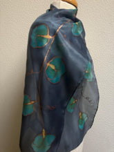 Load image into Gallery viewer, Sweet Peas Design Silk Neck Scarf in Navy Teal Copper by Designer Silk Artist
