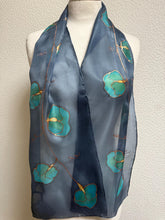 Load image into Gallery viewer, Sweet Peas Design Silk Neck Scarf in Navy Teal Copper by Designer Silk Artist