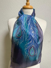 Load image into Gallery viewer, Peacock Feathers Design Hand Painted Silk Neck Scarf in Blue Purple Silver