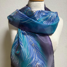 Load image into Gallery viewer, Peacock Feathers Design Hand Painted Silk Neck Scarf in Blue Purple Silver