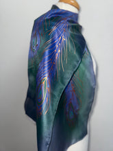 Load image into Gallery viewer, Peacock Feathers Design Hand Painted Silk Neck Scarf in Navy Green Copper
