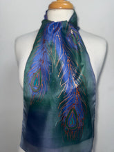 Load image into Gallery viewer, Peacock Feathers Design Hand Painted Silk Neck Scarf in Navy Green Copper