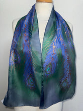 Load image into Gallery viewer, Peacock Feathers Design Hand Painted Silk Neck Scarf in Navy Green Copper