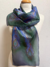 Load image into Gallery viewer, Peacock Feathers Design Hand Painted Silk Neck Scarf in Navy Green Copper