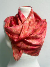 Load image into Gallery viewer, Hand Dyed Square Silk Scarf in Shades of Red Pink Coral Tan by Designer Silk Artist