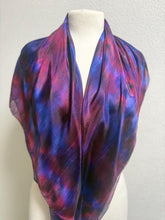 Load image into Gallery viewer, Hand Dyed Square Silk Scarf in Shades of Blue Burgundy Purple by Designer Silk Artist
