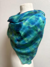 Load image into Gallery viewer, Hand Dyed Square Silk Scarf in Shades of Teal Blue Navy Apple Green by Designer Silk Artist