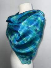 Load image into Gallery viewer, Hand Dyed Square Silk Scarf in Shades of Teal Blue Navy Apple Green by Designer Silk Artist