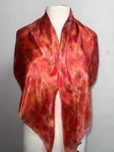 Load image into Gallery viewer, Hand Dyed Square Silk Scarf in Shades of Red Pink Coral Tan by Designer Silk Artist