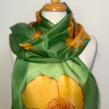 Load image into Gallery viewer, Poppies Design Long Scarf : Hand Painted Silk in melon yellow olive green copper by Designer Silk Artist