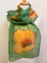 Load image into Gallery viewer, Poppies Design Long Scarf : Hand Painted Silk in melon yellow olive green copper by Designer Silk Artist