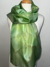 Load image into Gallery viewer, Flames Design Long Scarf in Shades of Olive Green : Hand Painted Silk by Designer Silk Artist