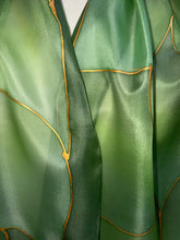 Load image into Gallery viewer, Flames Design Long Scarf in Shades of Olive Green : Hand Painted Silk by Designer Silk Artist