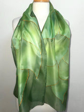 Load image into Gallery viewer, Flames Design Long Scarf in Shades of Olive Green : Hand Painted Silk by Designer Silk Artist
