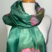 Load image into Gallery viewer, Poppies Design Long Scarf : Hand Painted Silk in Pink Light Emerald by Designer Silk Artist