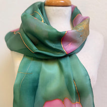 Load image into Gallery viewer, Poppies Design Long Scarf : Hand Painted Silk in Pink Light Emerald by Designer Silk Artist