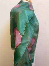 Load image into Gallery viewer, Poppies Design Long Scarf : Hand Painted Silk in Pink Light Emerald by Designer Silk Artist