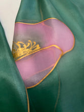 Load image into Gallery viewer, Poppies Design Long Scarf : Hand Painted Silk in Pink Light Emerald by Designer Silk Artist