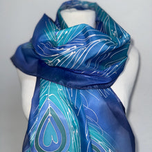 Load image into Gallery viewer, Peacock Feathers Design Long Scarf : Hand Painted Silk in turquoise cobalt navy silver by Designer Silk Artist