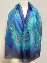 Load image into Gallery viewer, Peacock Feathers Design Long Scarf : Hand Painted Silk in turquoise cobalt navy silver by Designer Silk Artist