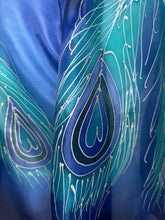 Load image into Gallery viewer, Peacock Feathers Design Long Scarf : Hand Painted Silk in turquoise cobalt navy silver by Designer Silk Artist