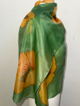 Load image into Gallery viewer, Poppies Design Long Scarf : Hand Painted Silk in melon yellow olive green copper by Designer Silk Artist