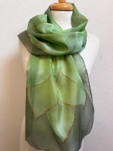 Load image into Gallery viewer, Flames Design Long Scarf in Shades of Olive Green : Hand Painted Silk by Designer Silk Artist