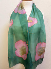Load image into Gallery viewer, Poppies Design Long Scarf : Hand Painted Silk in Pink Light Emerald by Designer Silk Artist