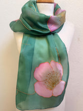 Load image into Gallery viewer, Poppies Design Long Scarf : Hand Painted Silk in Pink Light Emerald by Designer Silk Artist