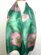 Load image into Gallery viewer, Poppies Design Long Scarf : Hand Painted Silk in Pink Light Emerald by Designer Silk Artist