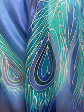 Load image into Gallery viewer, Peacock Feathers Design Long Scarf : Hand Painted Silk in turquoise cobalt navy silver by Designer Silk Artist