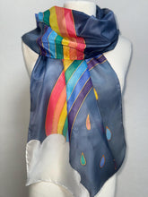 Load image into Gallery viewer, Rainbow Design Silk Long Scarf in Shades of Blues : Hand Painted by Designer Silk Artist
