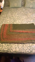 Load and play video in Gallery viewer, Peak District Hand Crochet Throw Blanket in Olive Green and Rose Shades Wool Acrylic Mix