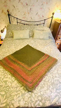 Load and play video in Gallery viewer, Peak District Hand Crochet Throw Blanket in Olive Green and Rose Shades Wool Acrylic Mix