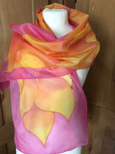 Load image into Gallery viewer, Flames Design X Long Silk Scarf in Pink Hand Painted Silk by Designer Silk