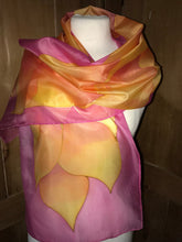 Load image into Gallery viewer, Flames Design X Long Silk Scarf in Pink Hand Painted Silk by Designer Silk