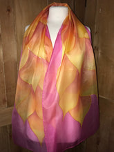 Load image into Gallery viewer, Flames Design X Long Silk Scarf in Pink Hand Painted Silk by Designer Silk