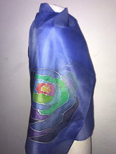 Load image into Gallery viewer, Popart Roses Design Silk Scarf in Blue Hand Painted Silk by Designer Silk