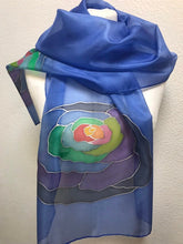 Load image into Gallery viewer, Popart Roses Design Silk Scarf in Blue Hand Painted Silk by Designer Silk