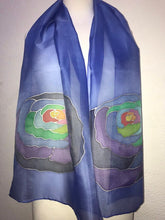 Load image into Gallery viewer, Popart Roses Design Silk Scarf in Blue Hand Painted Silk by Designer Silk
