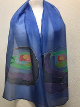 Load image into Gallery viewer, Popart Roses Design Silk Scarf in Blue Hand Painted Silk by Designer Silk