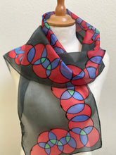 Load image into Gallery viewer, Bubbles Hand Painted Silk Neck Scarf in Red and Black