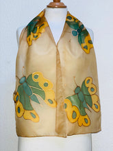 Load image into Gallery viewer, Butterflies Hand Painted Silk Neck Scarf in Beige and Green