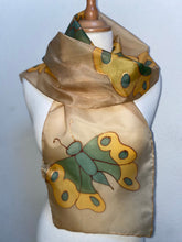 Load image into Gallery viewer, Butterflies Hand Painted Silk Neck Scarf in Beige and Green